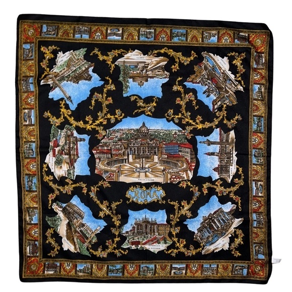 Vintage PIAZZA PIETRO St Peters Square Blue and Gold ROME Scarf Made in ITALY - Picture 1 of 13